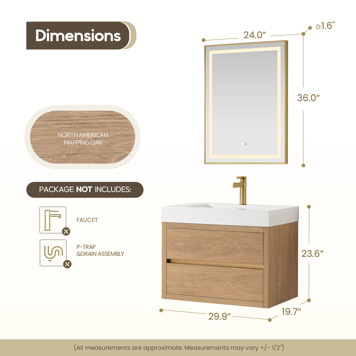 Layout of the 30 inch floating vanity beneath its mirror, cabinet 29.9 by 19.7 by 23.6 inches