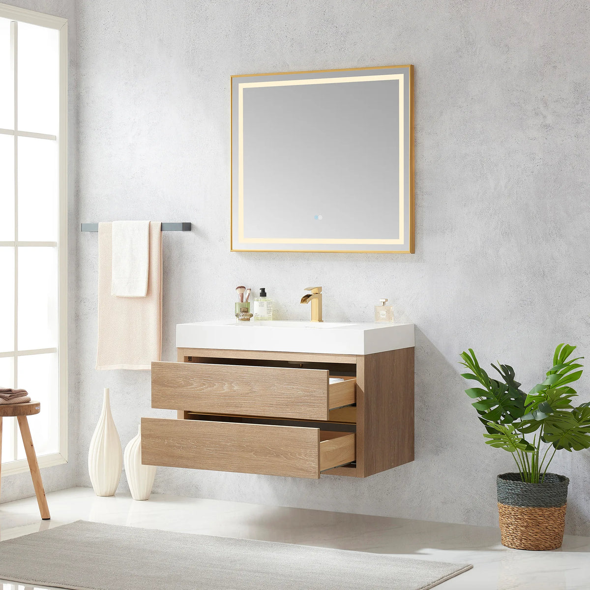 Open soft-close drawers on the 36 inch North American Oak vanity in a room setting