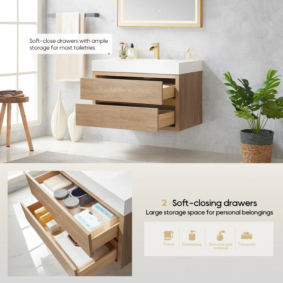 Drawer callout with a room view above and an inset of the open drawer storage