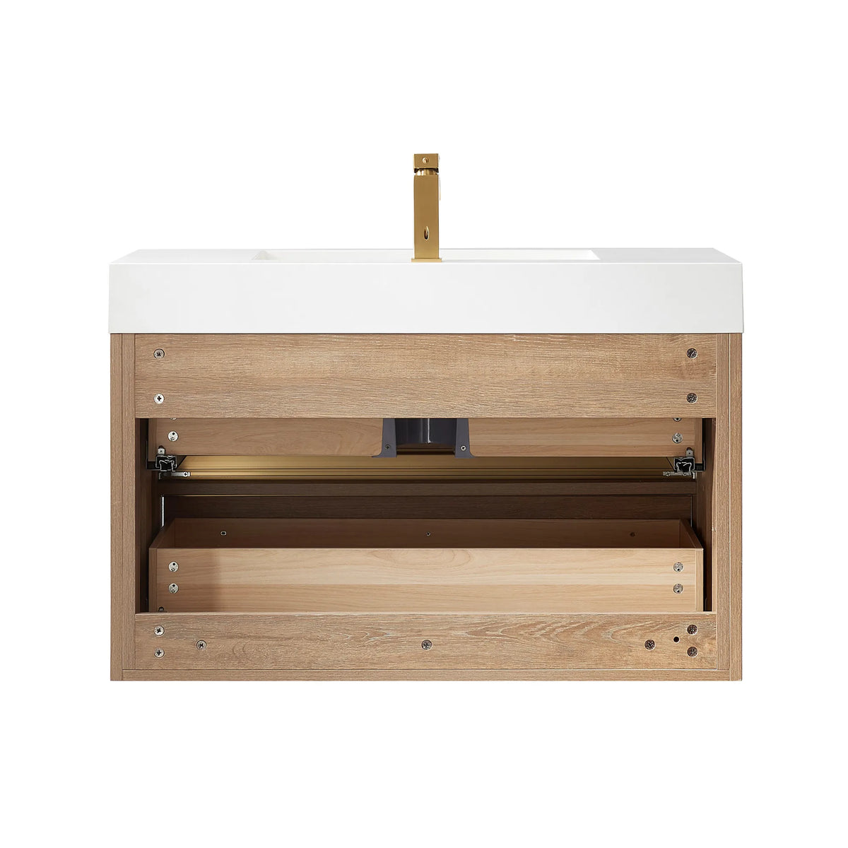 Rear view with the back panel open, a gold faucet standing on the top
