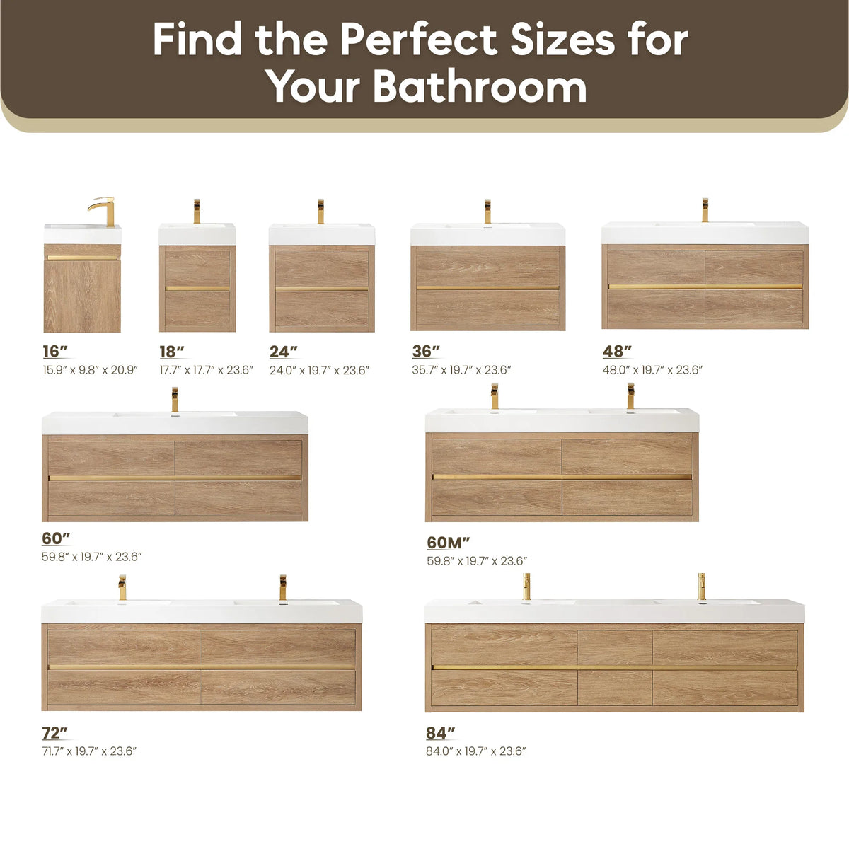 Chart comparing the vanity widths with depth and height listed for each