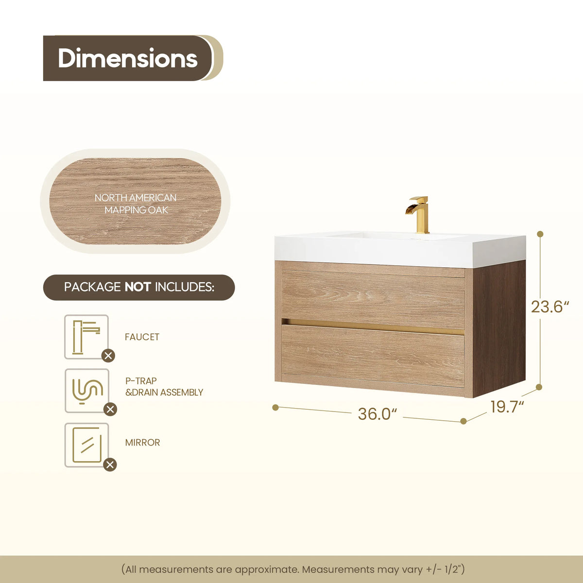 Size diagram for the 36 inch floating vanity showing depth, height and width, 19.7 by 23.6 inches