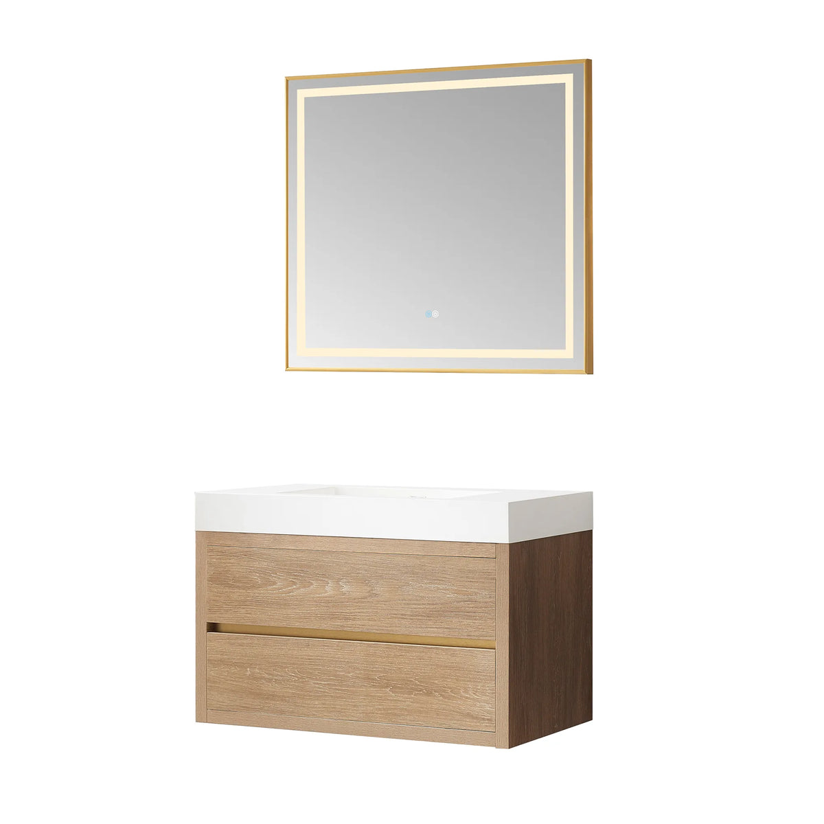 Floating vanity with its rectangular aluminum-framed LED mirror above, on a white background