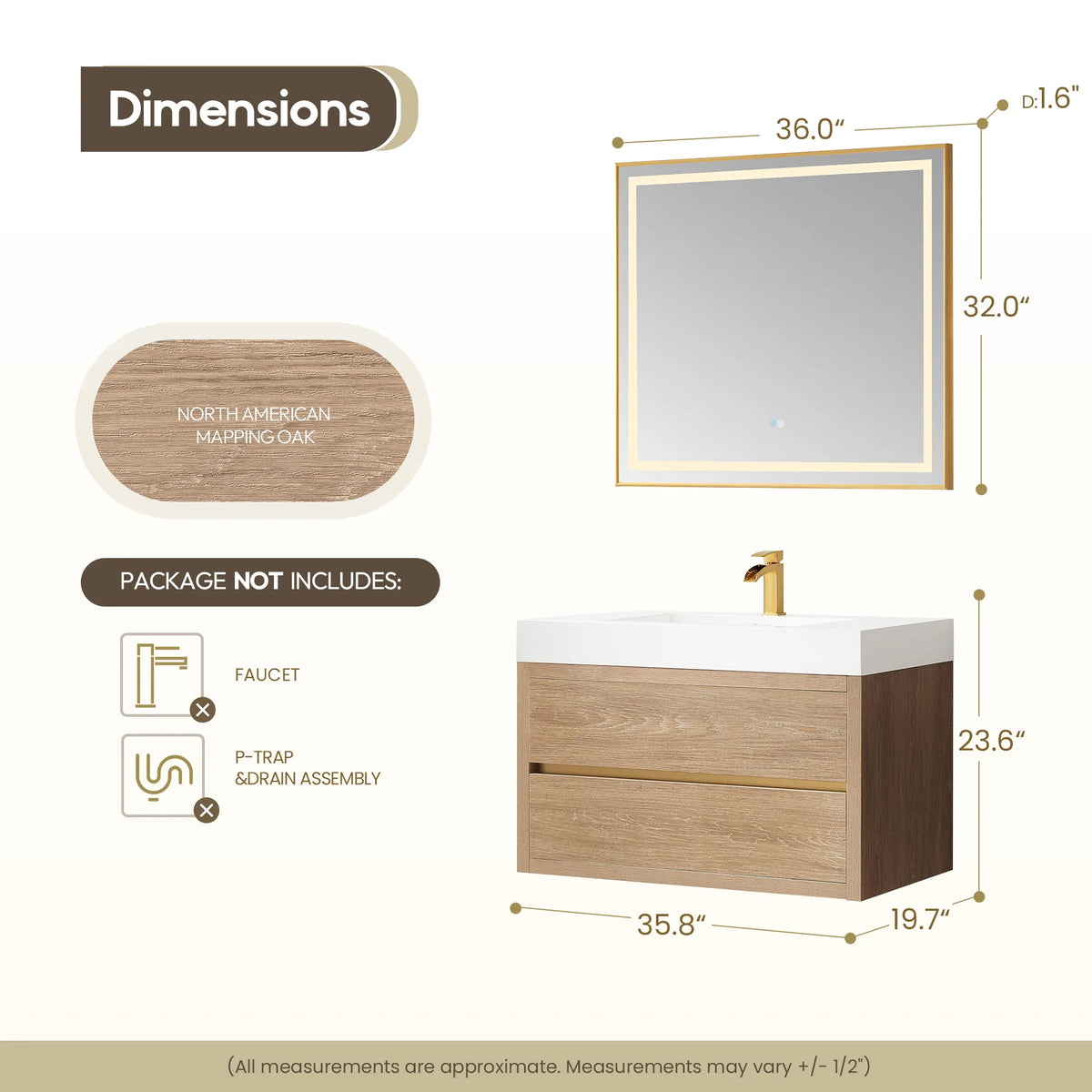 Layout of the 36 inch floating vanity and mirror, cabinet 35.8 by 19.7 by 23.6 inches