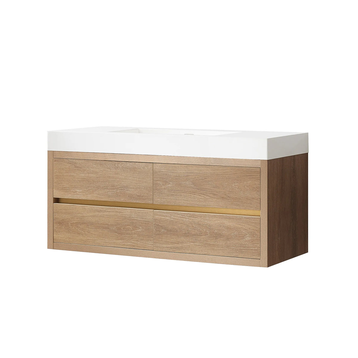 North American Oak 48 inch wall-mount single bathroom vanity with white integrated rectangular sink top, shown on white