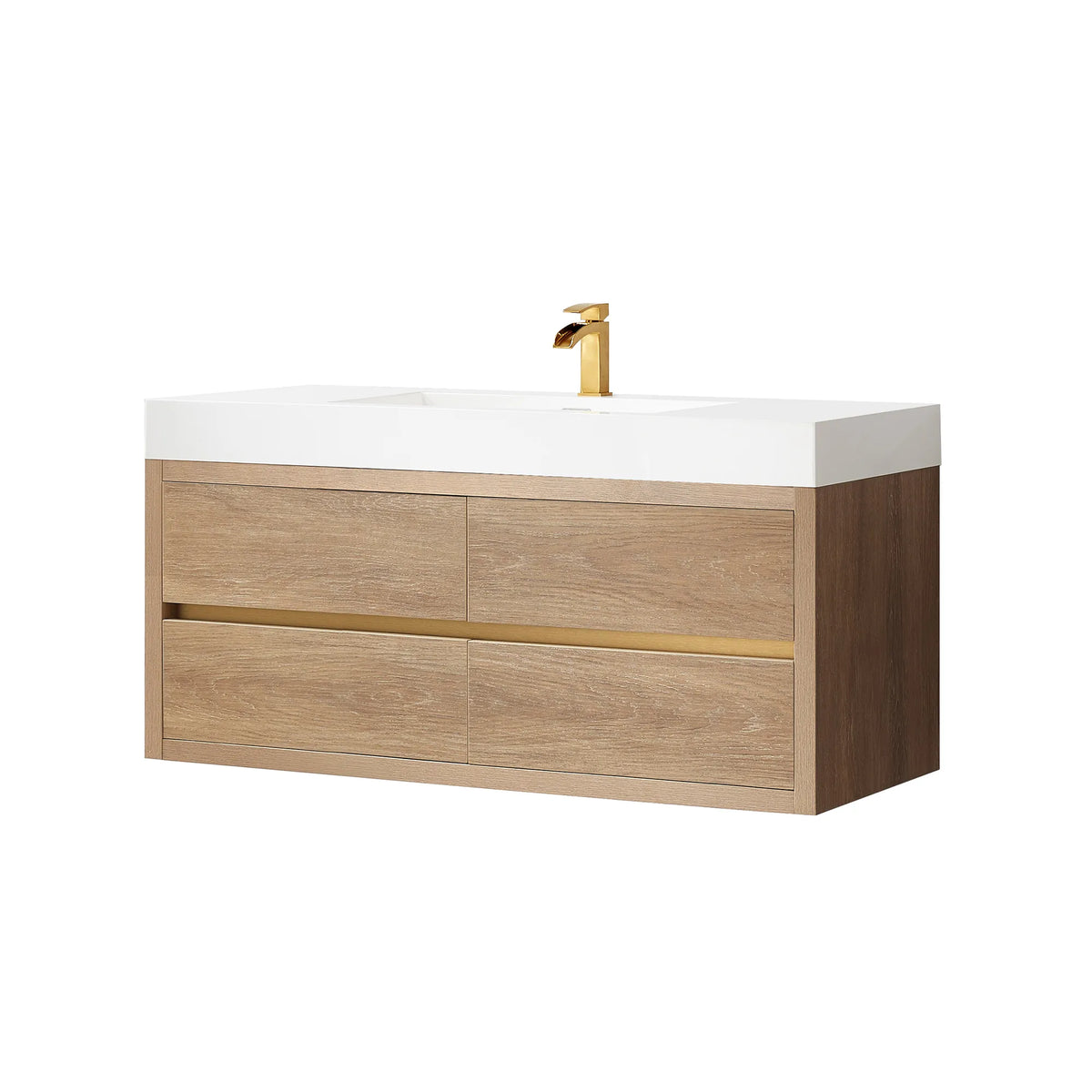 Front view of the 48 inch vanity on white with a faucet shown on the integrated sink top