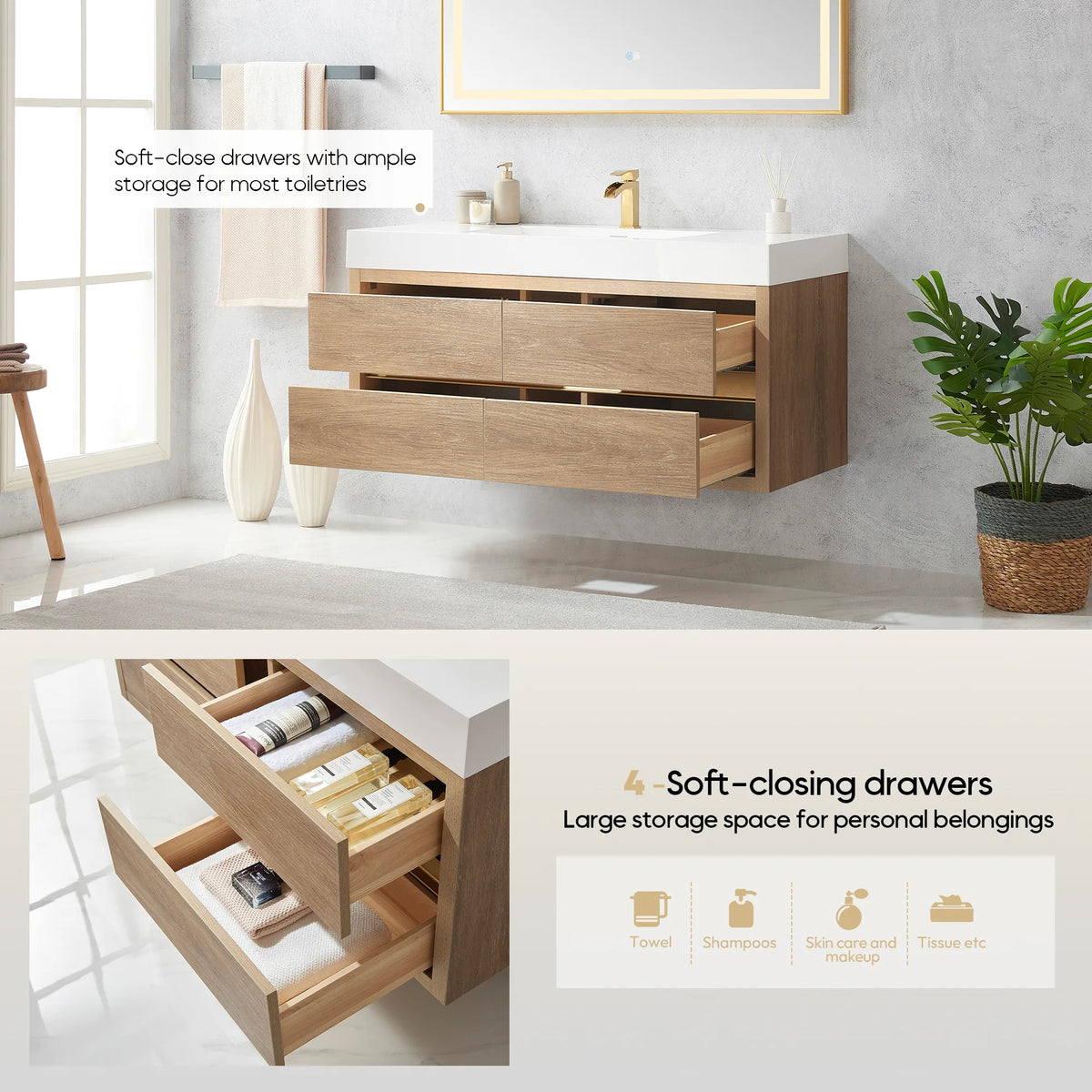 Soft-close drawer callout: a room view above and open drawer storage in the inset