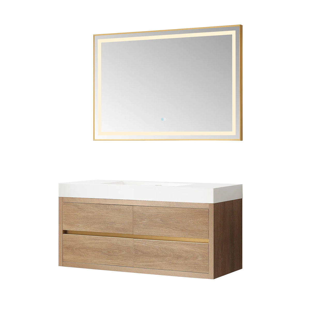 Wall-mount vanity and its rectangular LED mirror with aluminum frame, shown on a white background