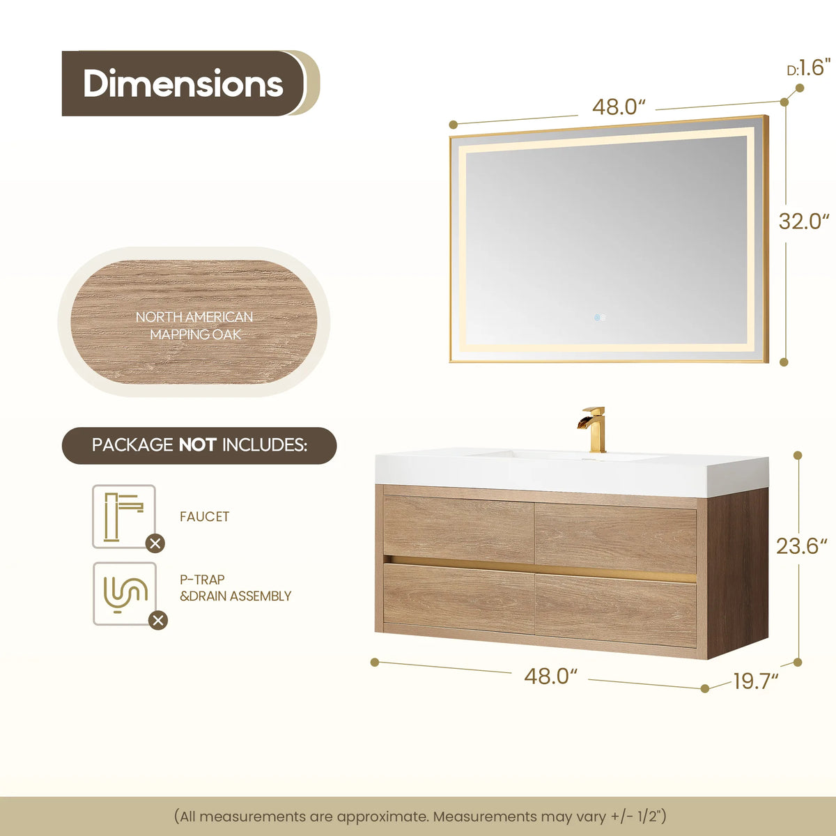 Layout of the 48 inch floating vanity with its mirror, cabinet 48 by 19.7 by 23.6 inches