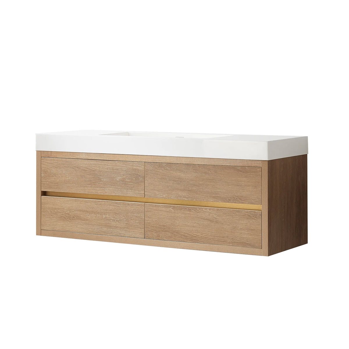 North American Oak 60 inch wall-mount single bathroom vanity with white integrated rectangular sink top, shown on white
