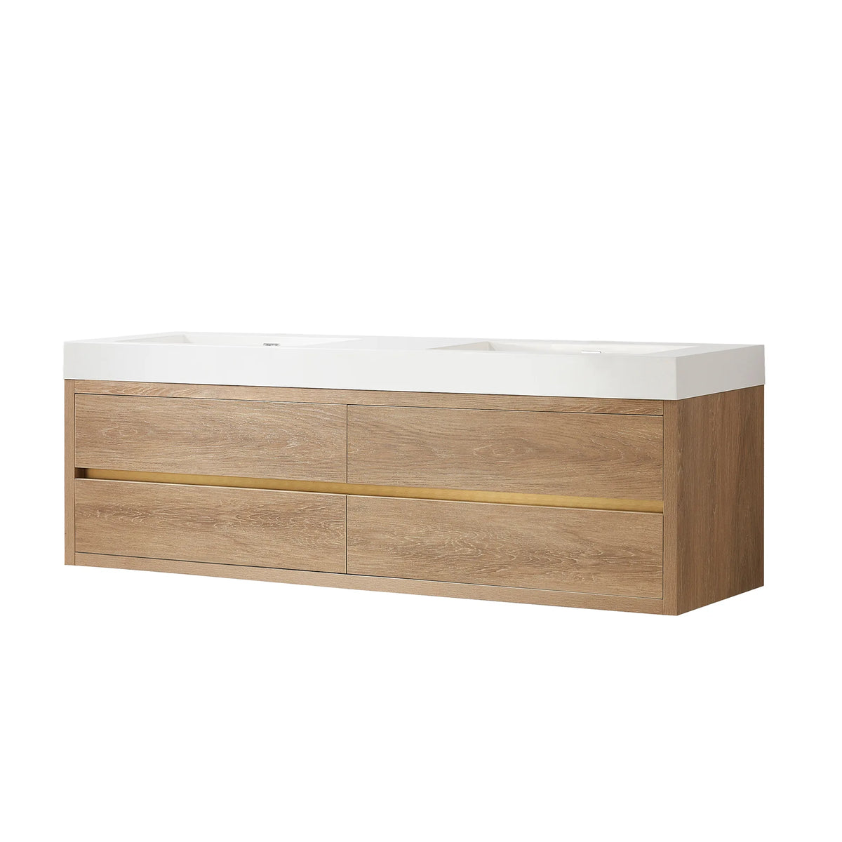 North American Oak 72 inch wall-mount double bathroom vanity with white integrated rectangular sink top, shown on white