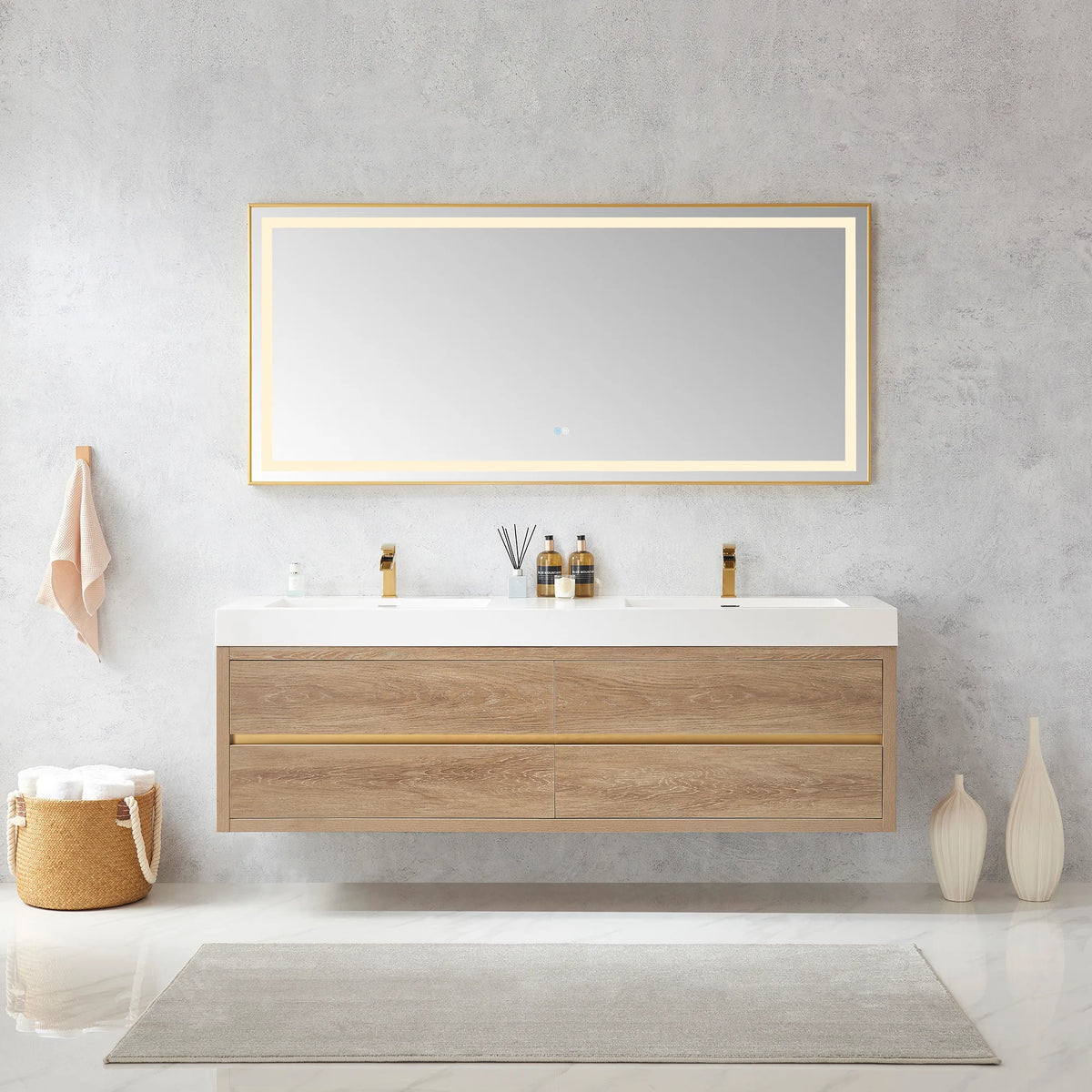 72 inch floating double sink vanity in North American Oak under a single rectangular LED mirror, with slim vases beside it