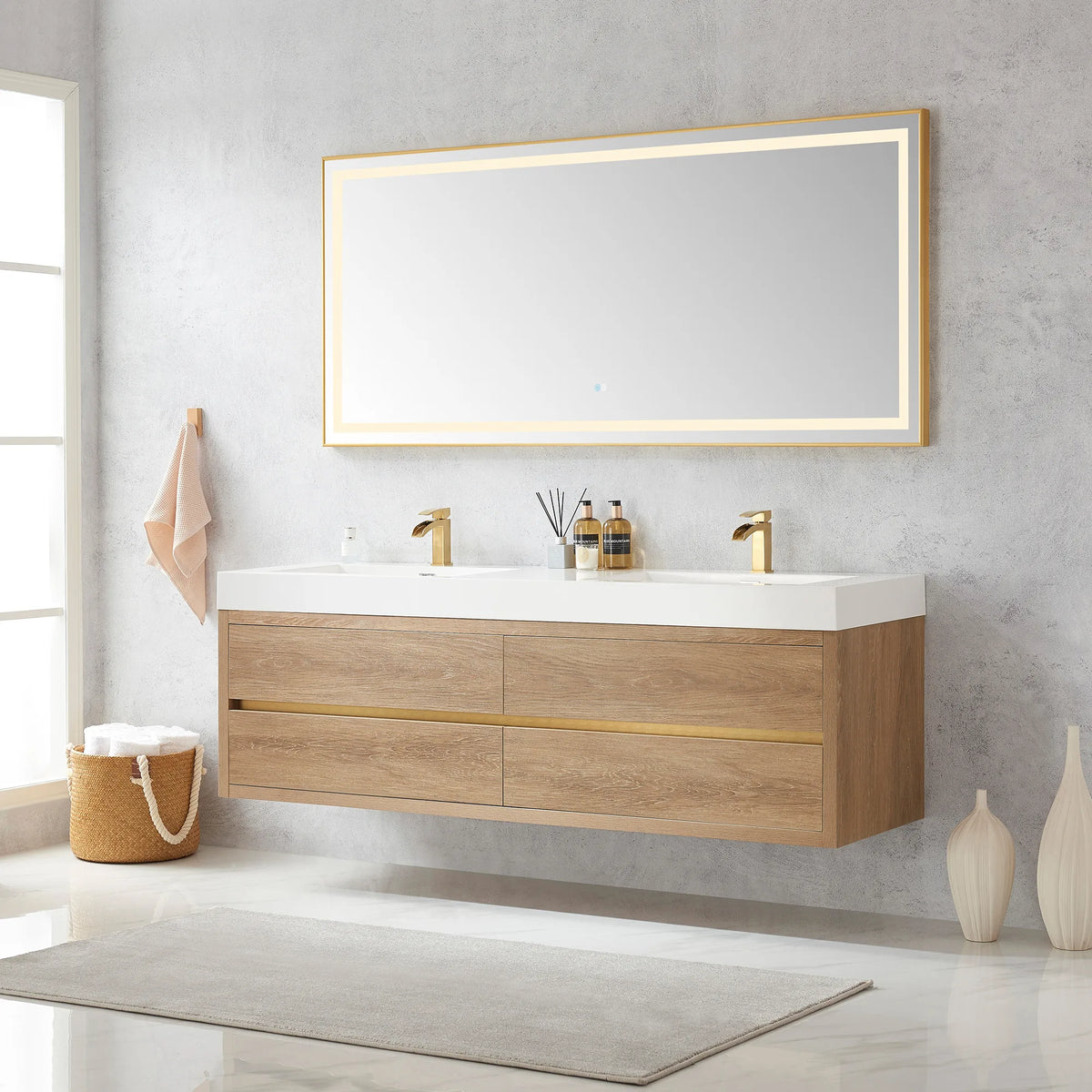 Bright bathroom with a 72 inch floating double vanity, window, rug and tall vases