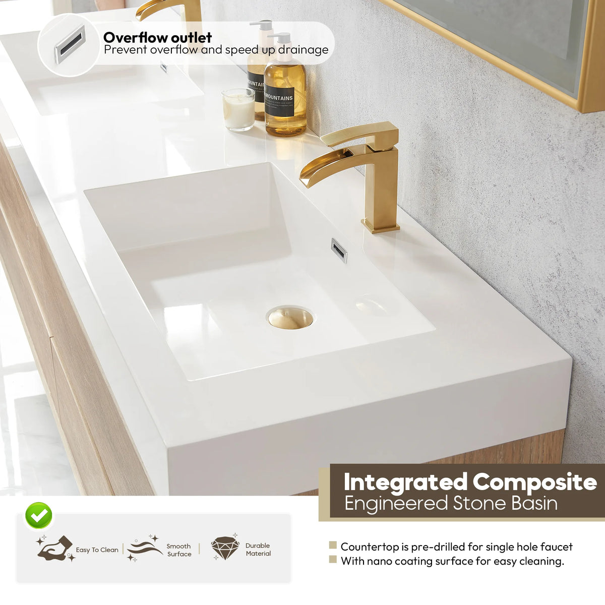Feature view of the integrated composite sink with overflow on the 72 inch double vanity