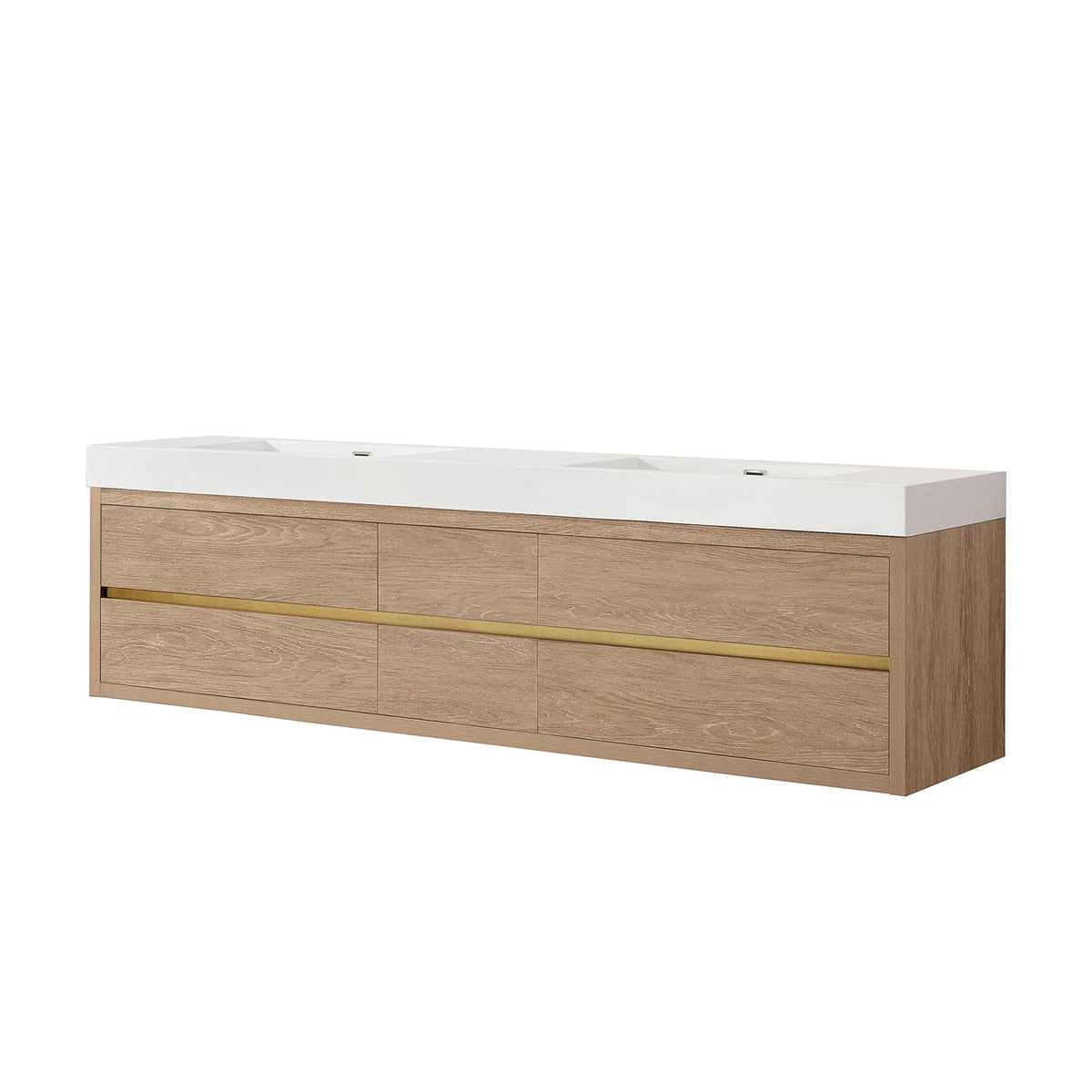 North American Oak 84 inch wall-mount double bathroom vanity with white integrated sink top, shown on white