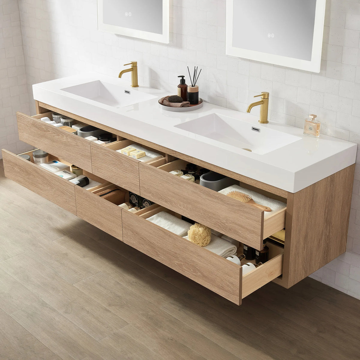 Open soft-close drawers on the 84 inch North American Oak vanity, with the double basins above