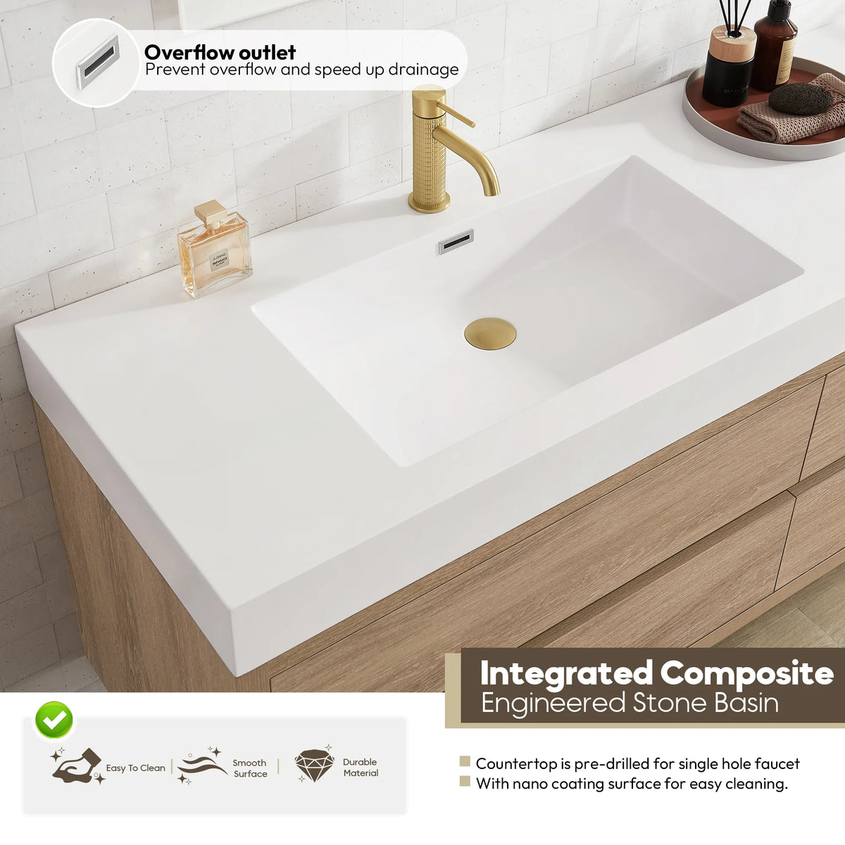 Feature view of the integrated composite sink with overflow on the 84 inch double vanity