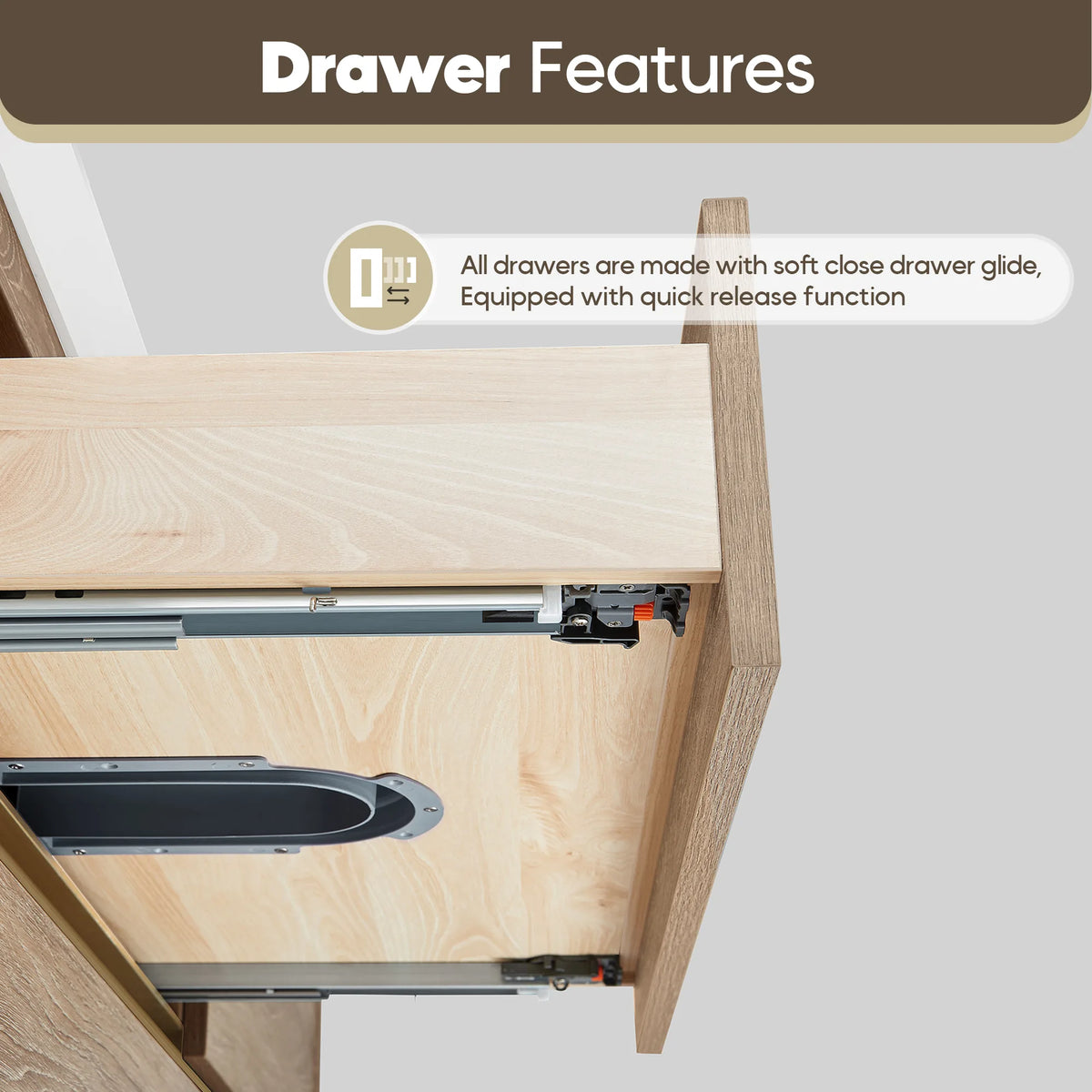 Close view of the drawer glide with soft-close, quick-release text on the 84 inch double vanity