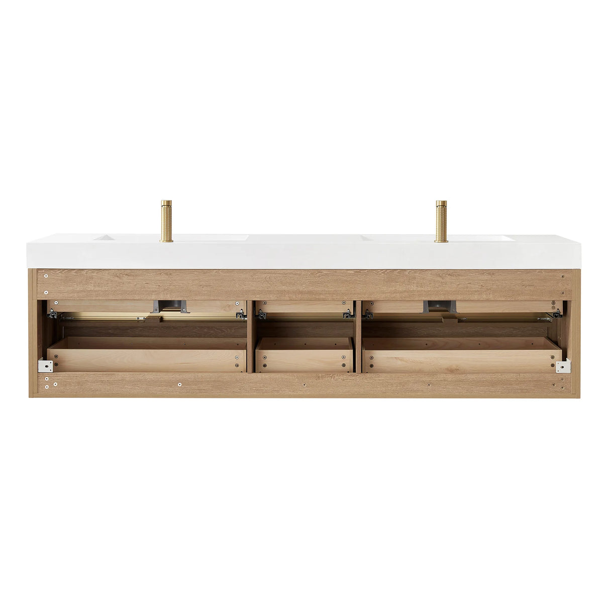 Rear view with the back panel open and gold faucets standing on the top
