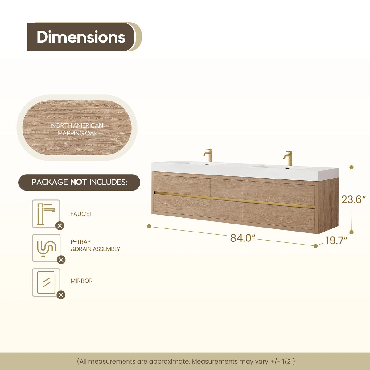 Size diagram for the 84 inch floating double vanity, 84 inch width, 19.7 inch depth, 23.6 inch height