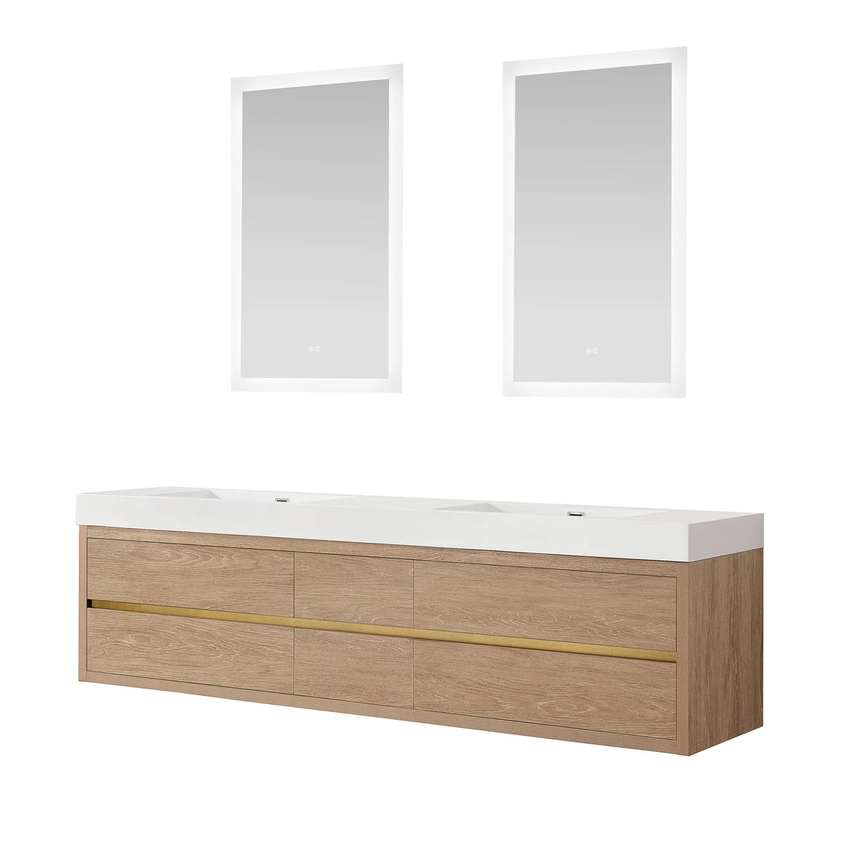 Wall-mount double vanity with its two rectangular LED mirrors above it, on a white background