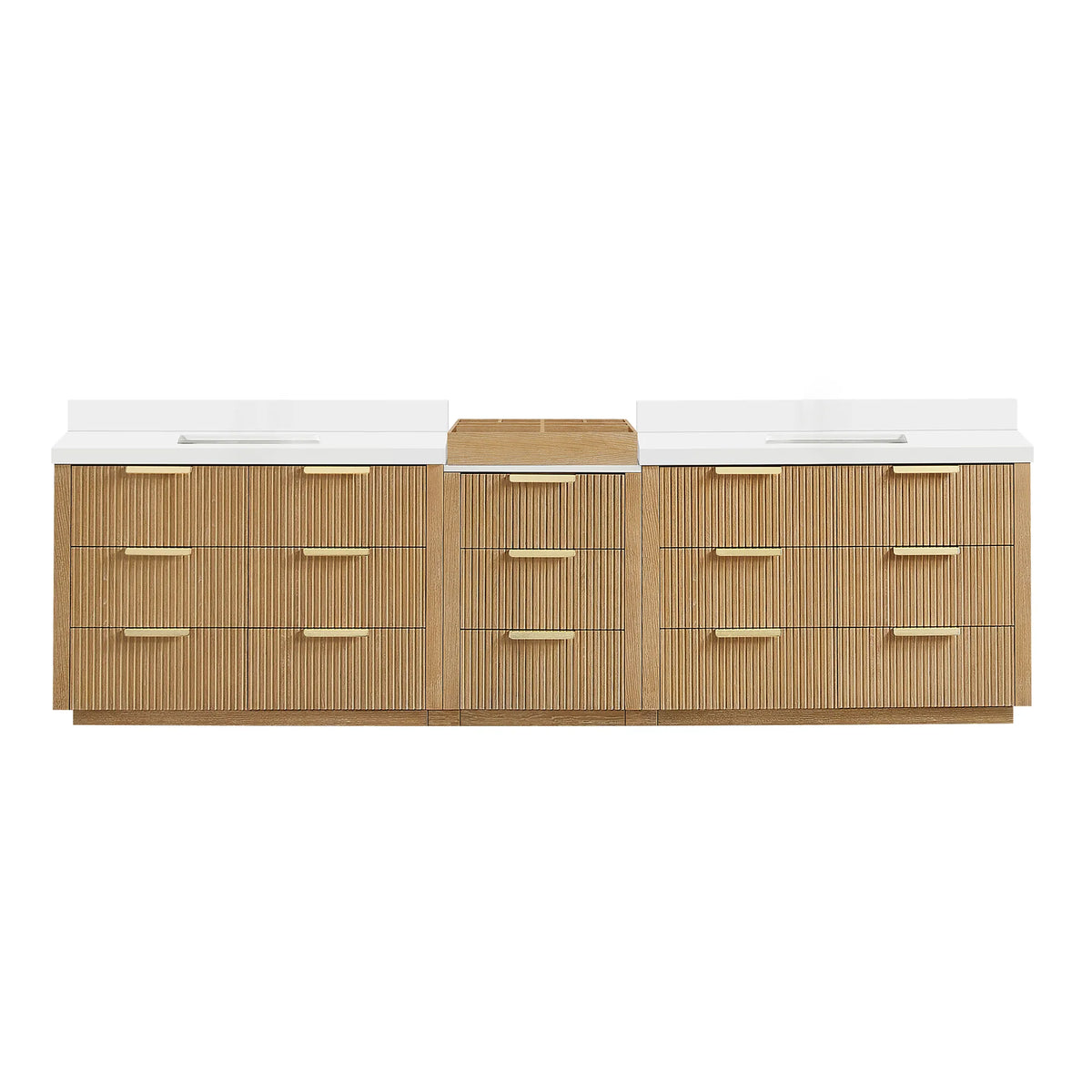 120 inch free-standing Washed Ash Grey bathroom vanity with fluted drawers, shown straight on against white