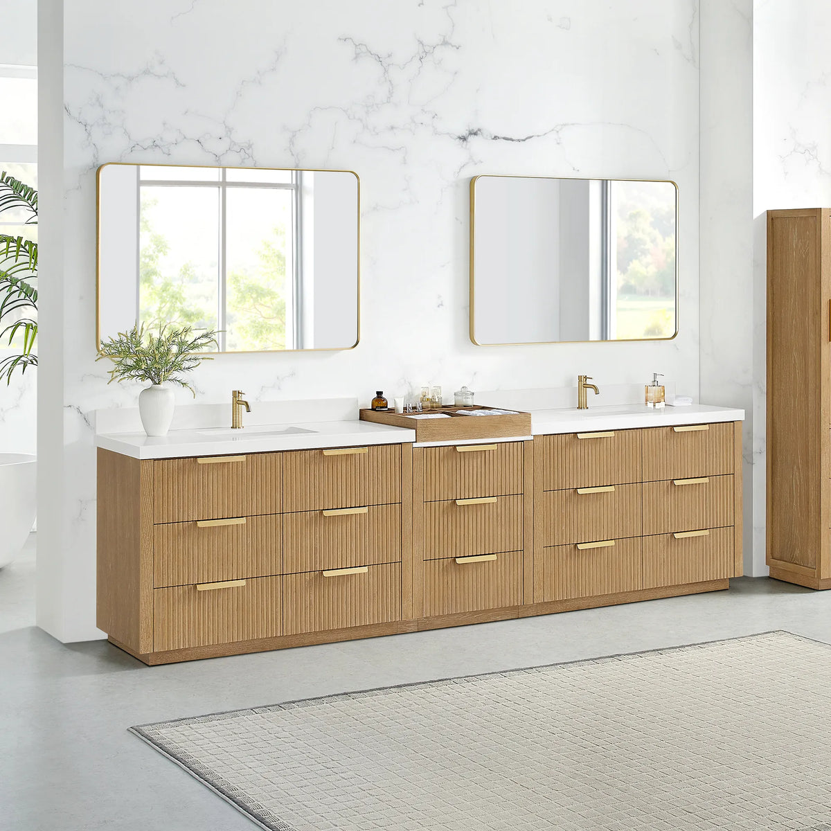 120 inch Washed Ash Grey double vanity in a bathroom scene with natural light and wall mirrors