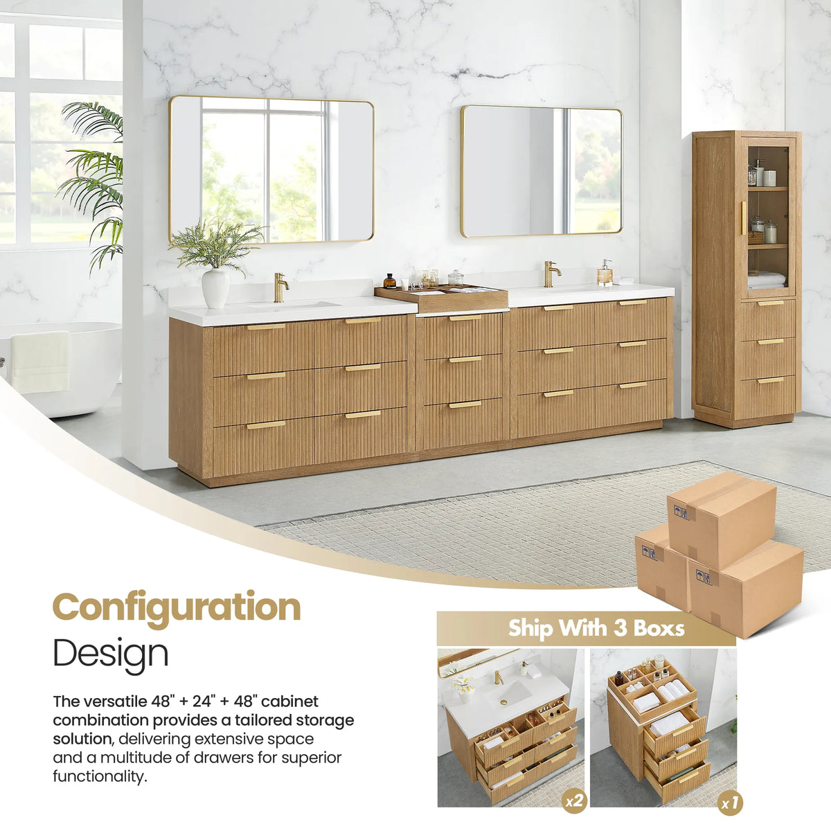 Configuration graphic for the 120 inch Washed Ash Grey vanity, assembled from 48, 24 and 48 inch sections
