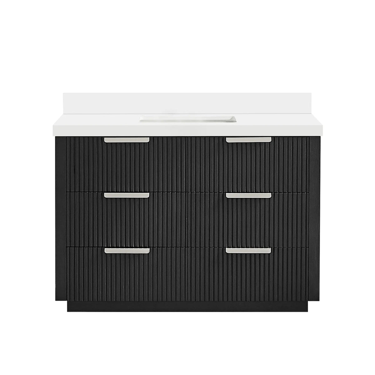 Oak Weathered Black single bathroom vanity, 48 inch, free-standing with a pure white quartz countertop and backsplash