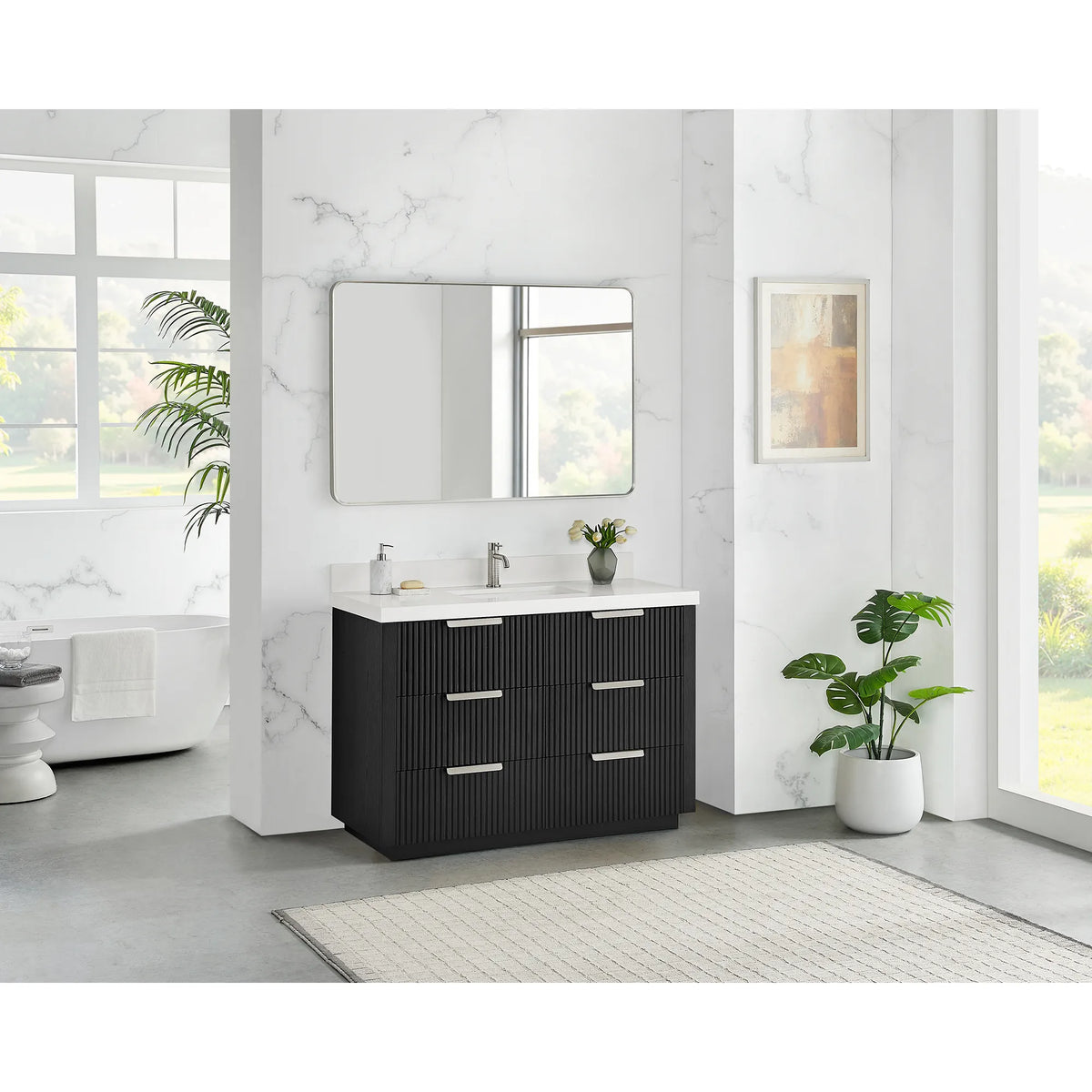 48 inch Oak Weathered Black single vanity seen from across a bright bathroom