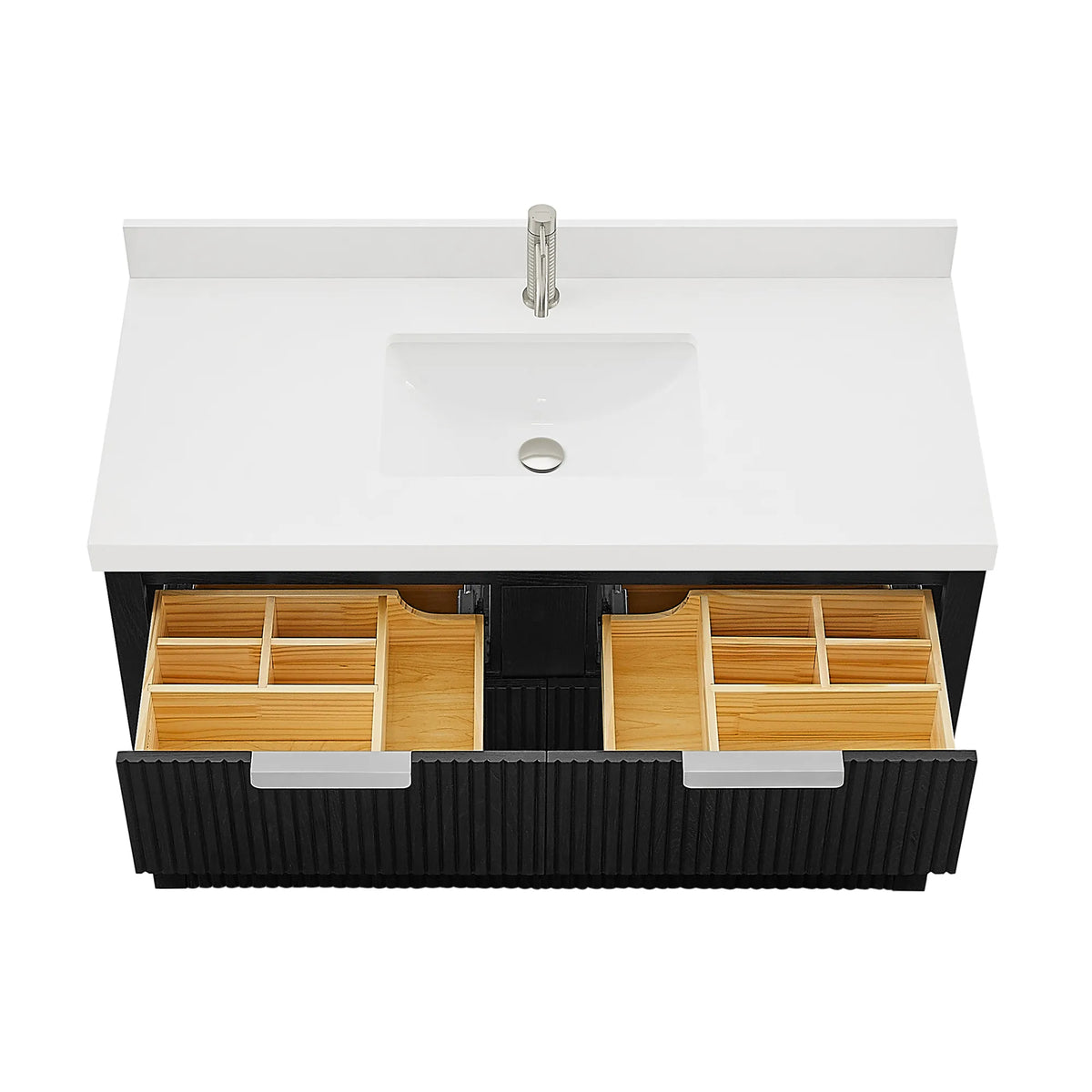 48 inch Oak Weathered Black vanity on white with an open drawer and compartment trays