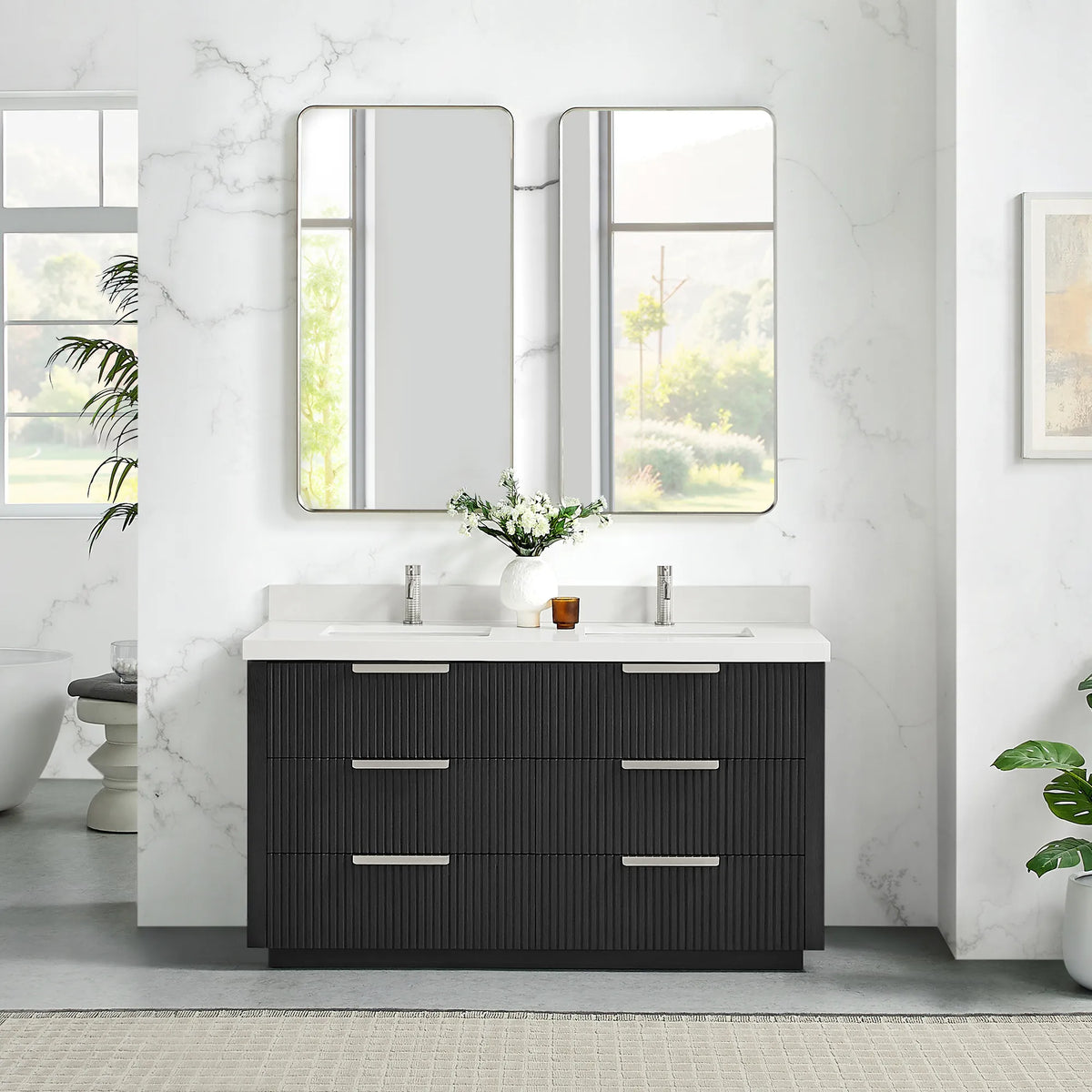 Two wall mirrors above the 60 inch Oak Weathered Black double vanity, quartz top and six drawers