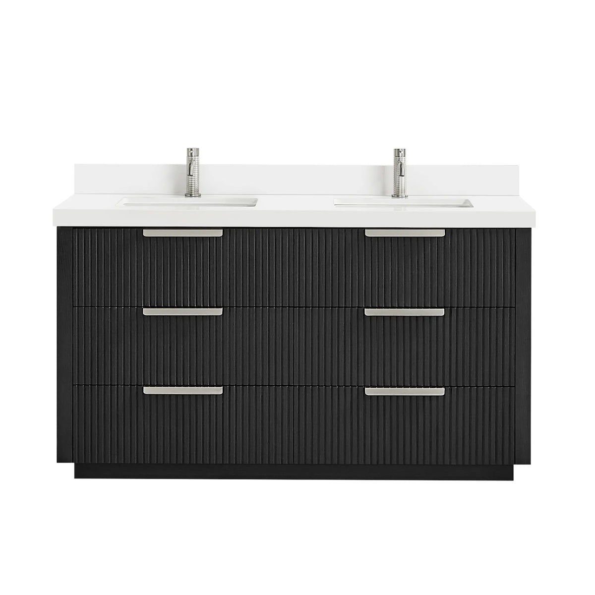 60 inch double vanity in Oak Weathered Black with brushed nickel handles, white background, faucet pictured but not included
