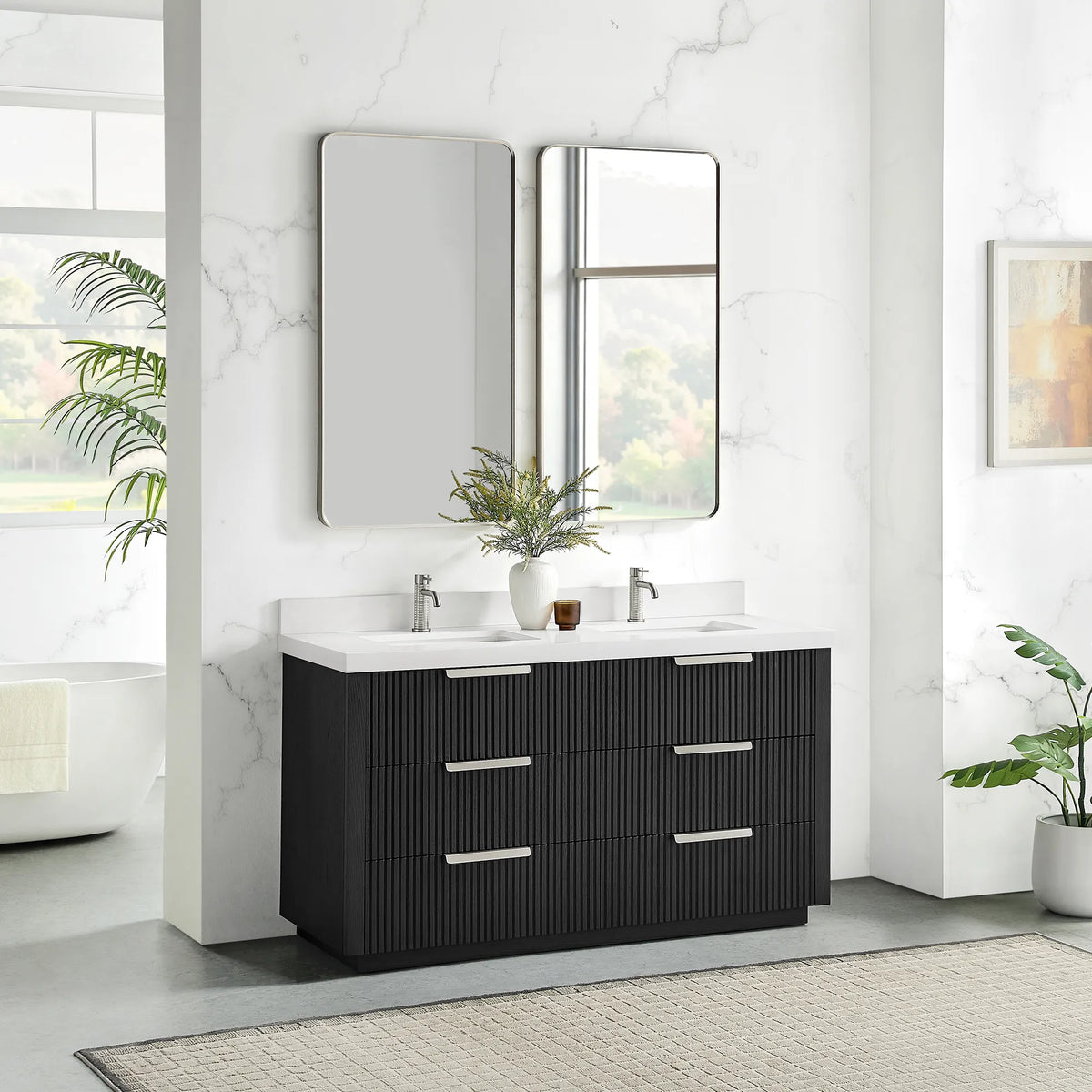 Room view showing the Oak Weathered Black double vanity, 60 inch wide, with its quartz top and mirrors above