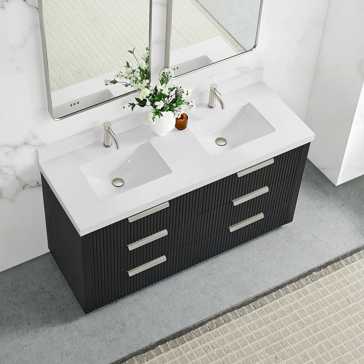 Oak Weathered Black vanity, 60 inch, seen from a high corner with brushed nickel handles below a pure white quartz top