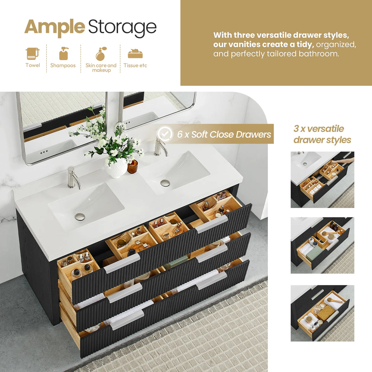 Storage graphic for the Oak Weathered Black vanity, open drawers with compartment inserts, 60 inch double
