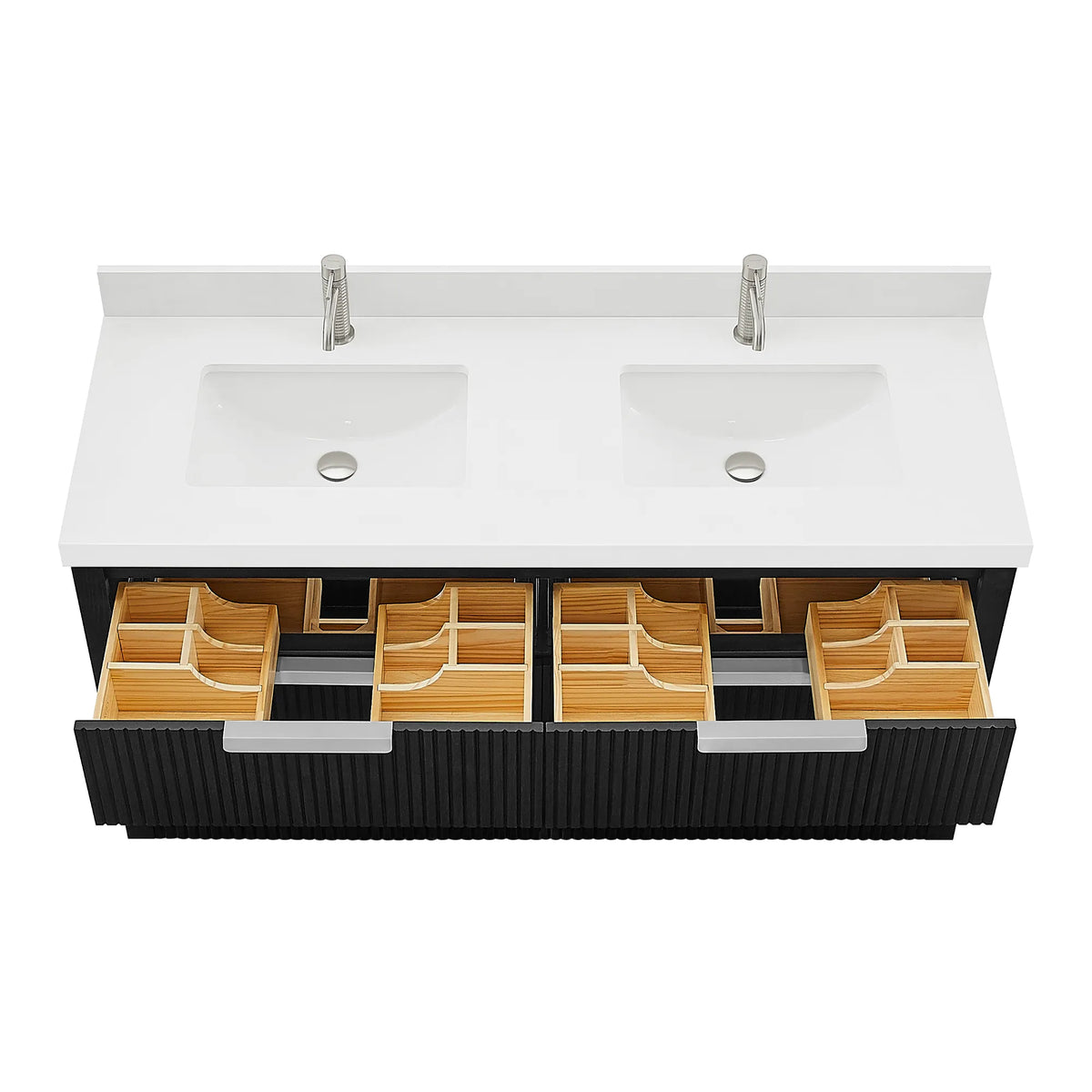60 inch Oak Weathered Black vanity on white with an open drawer and compartment trays