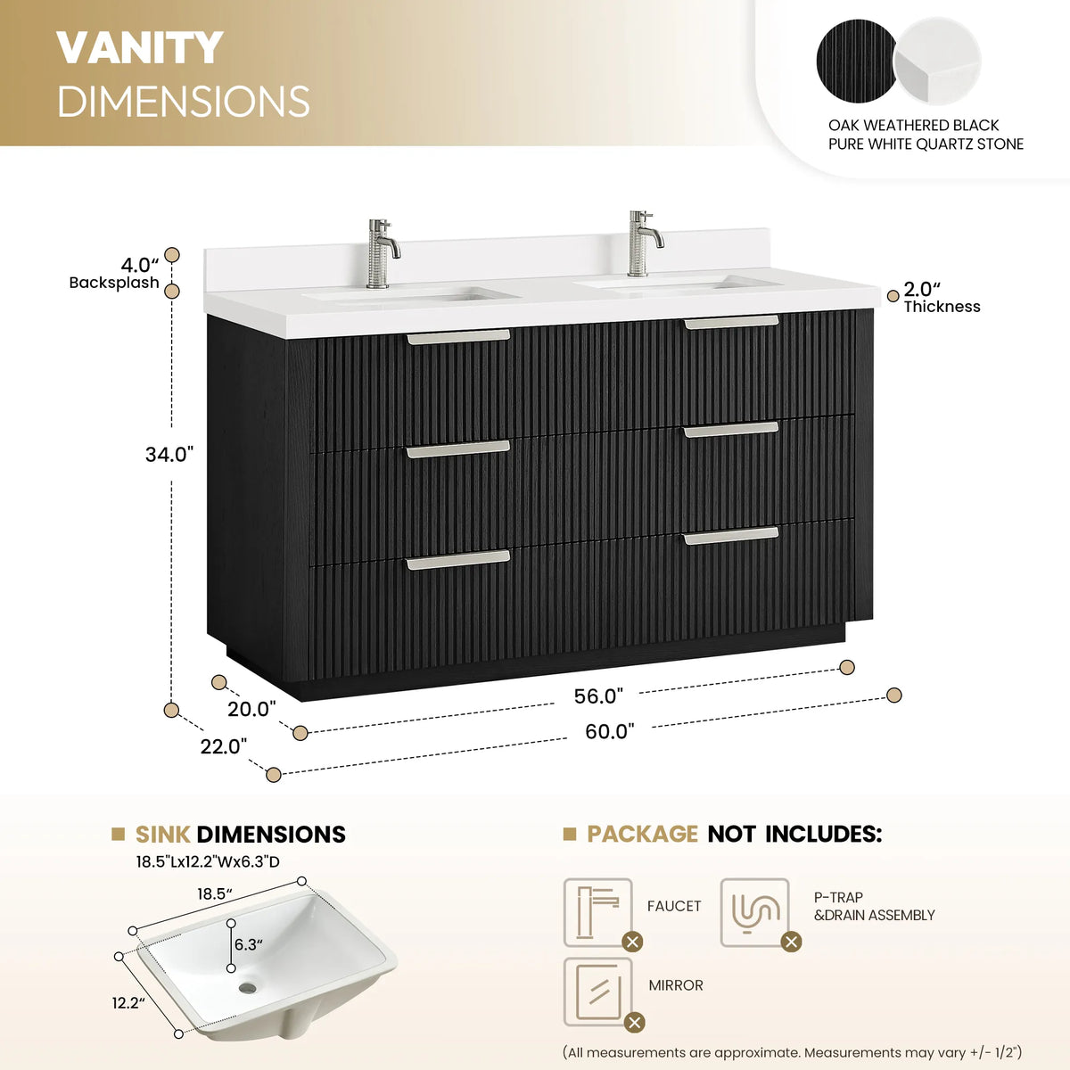 Measurement diagram for the 60 inch Oak Weathered Black double vanity, with sink size and the items not included