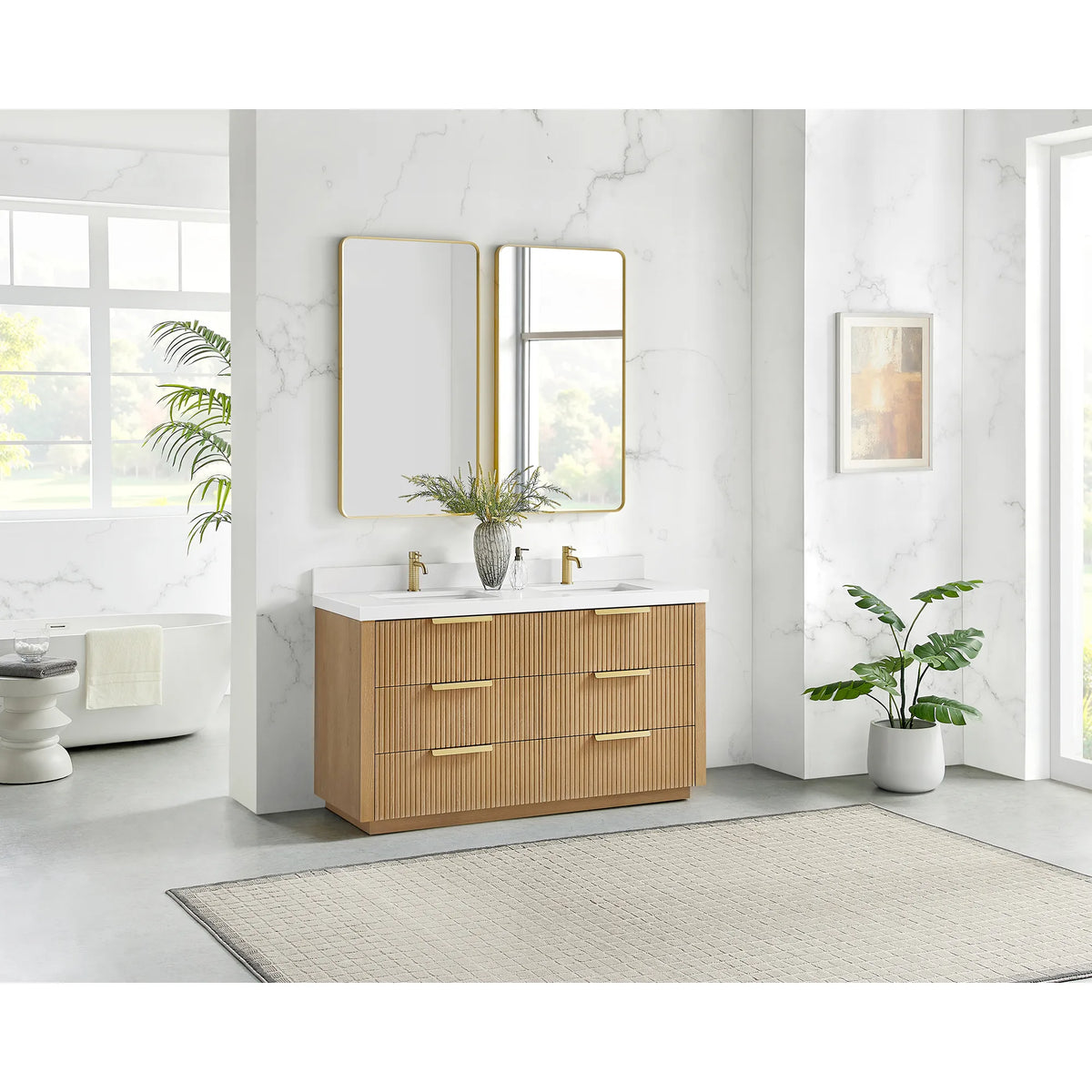 60 inch Washed Ash Grey double vanity seen from across a bright bathroom
