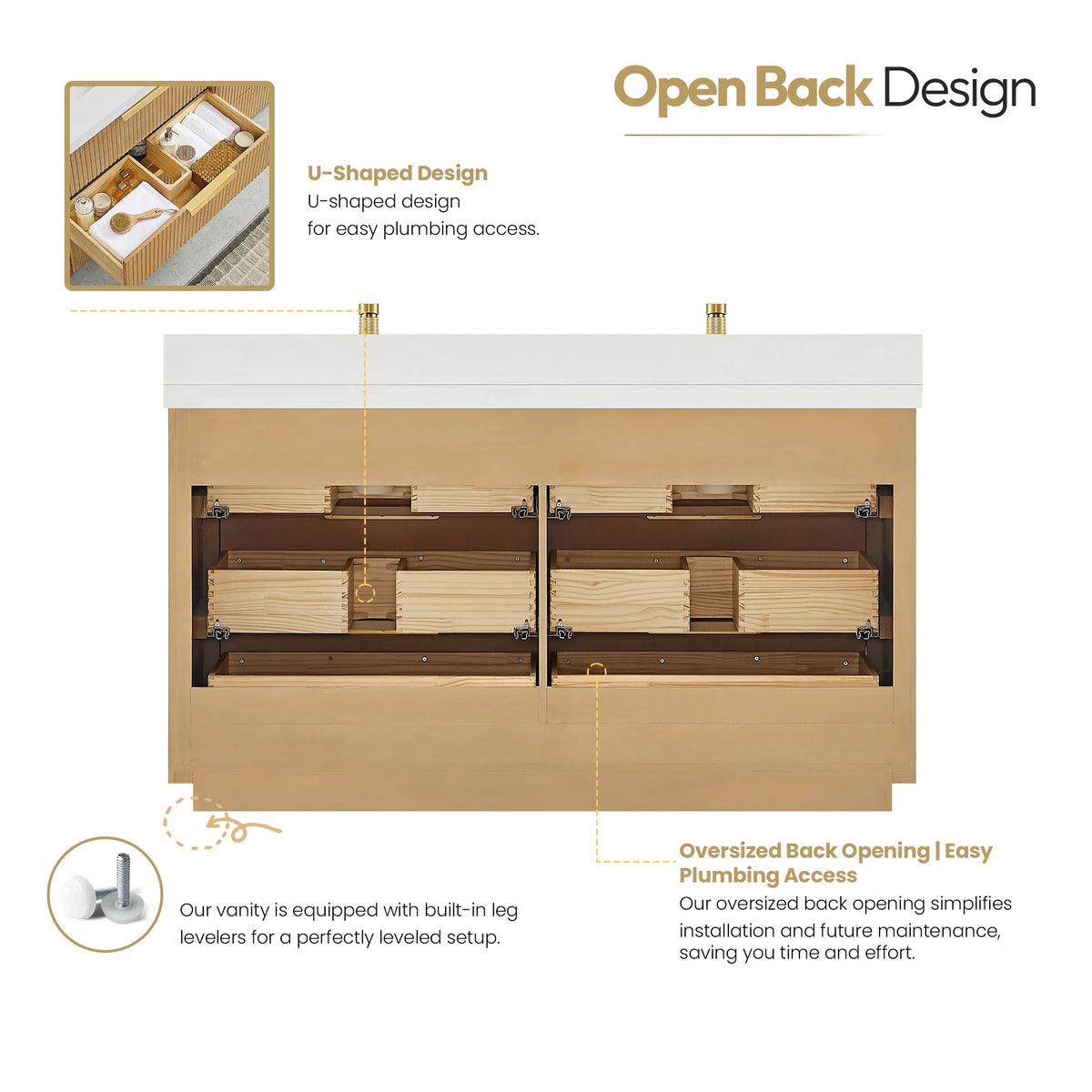 Back-of-cabinet graphic for the 60 inch Washed Ash Grey double vanity, a large opening that eases plumbing hookup