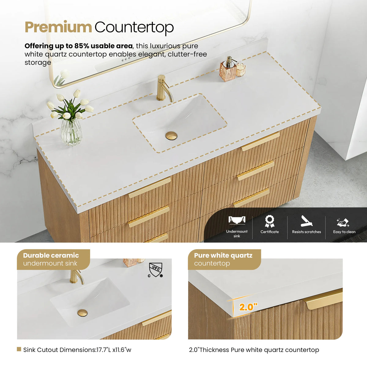 Quartz countertop feature for the Washed Ash Grey single vanity, with sink and edge details, 60 inch single