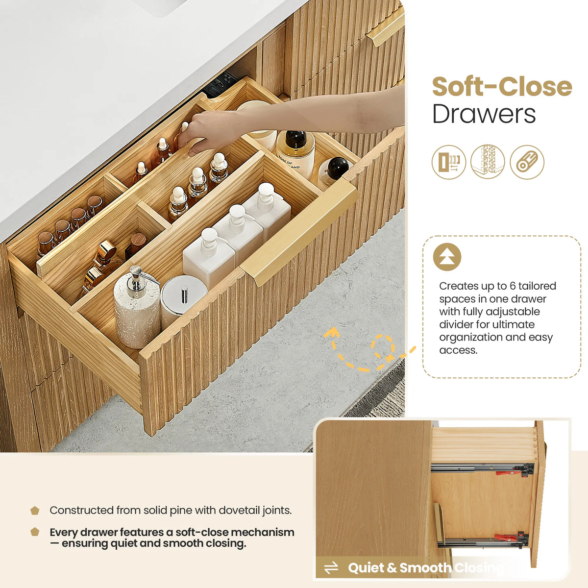 Close view of a soft-close dovetail drawer with adjustable dividers on the 60 inch Washed Ash Grey vanity