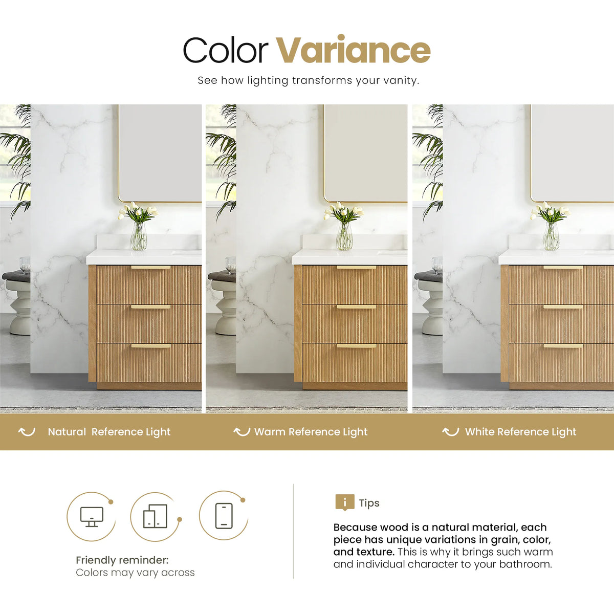 Graphic on how room light shifts the look of the Washed Ash Grey wood finish, 60 inch single