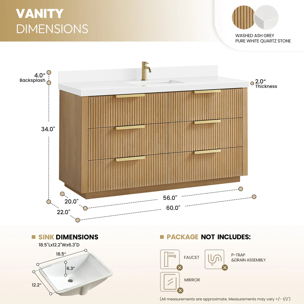 Sizing diagram of the Washed Ash Grey single vanity, 60 inch, with overall dimensions