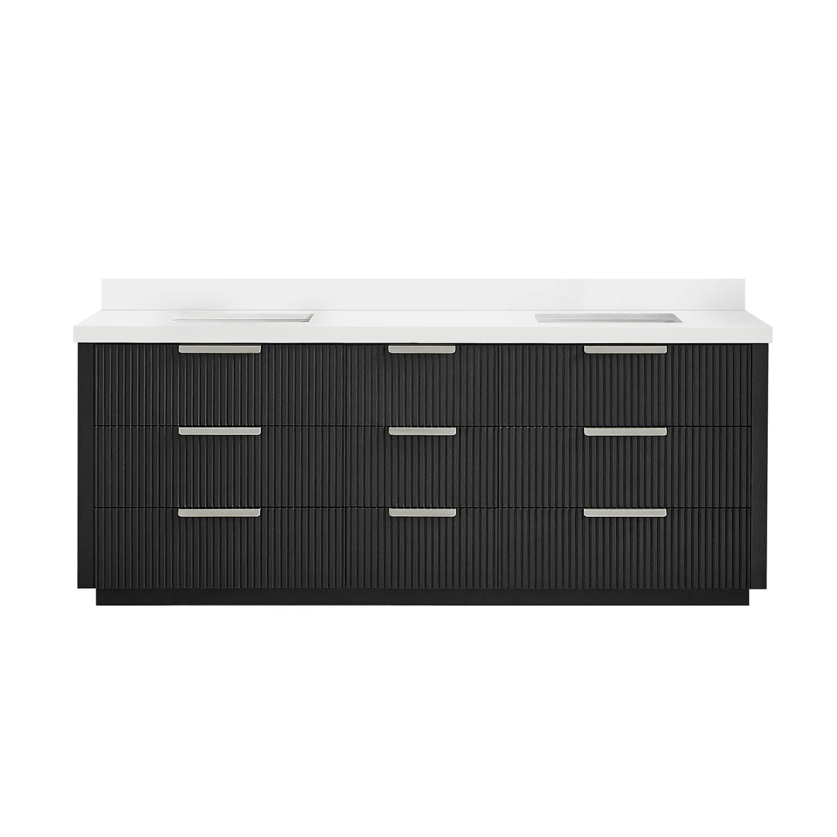 Oak Weathered Black double bathroom vanity, 84 inch, free-standing with a pure white quartz countertop and backsplash