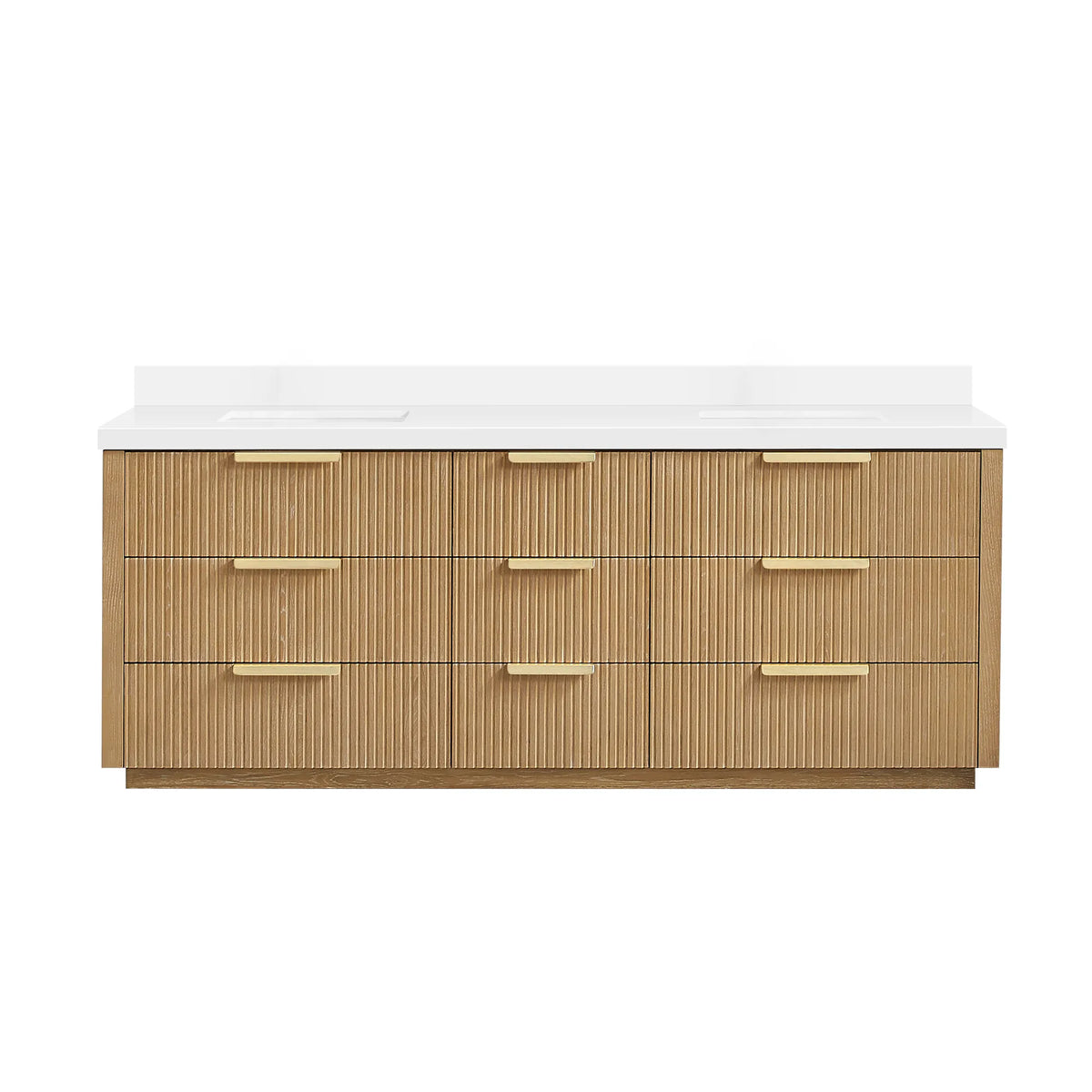Washed Ash Grey double bathroom vanity, 84 inch, free-standing with a pure white quartz countertop and backsplash