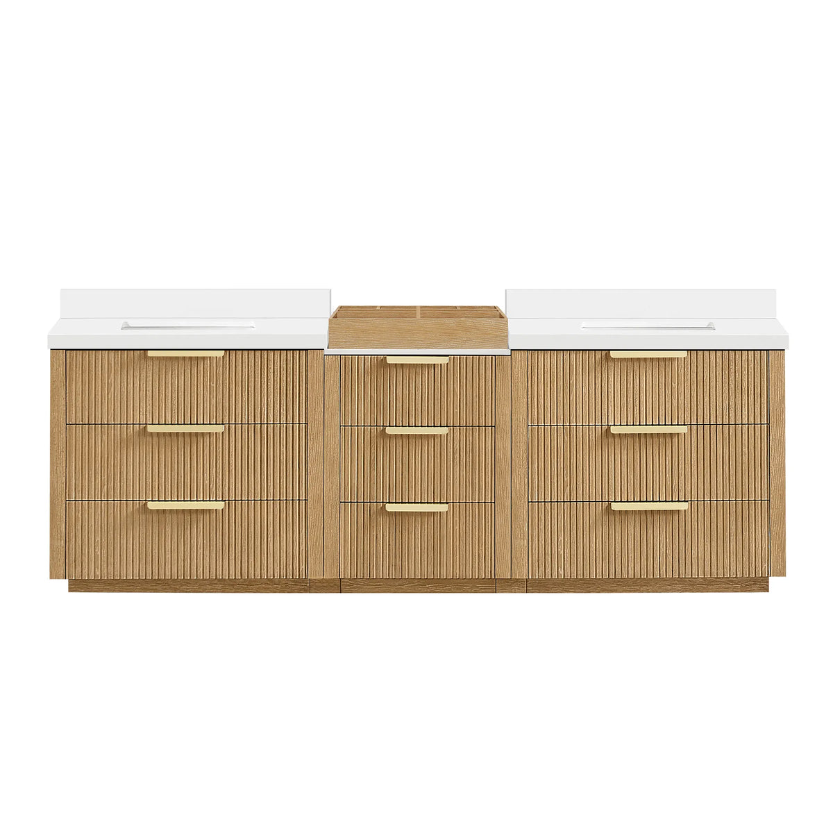 96 inch free-standing Washed Ash Grey bathroom vanity with fluted drawers, shown straight on against white