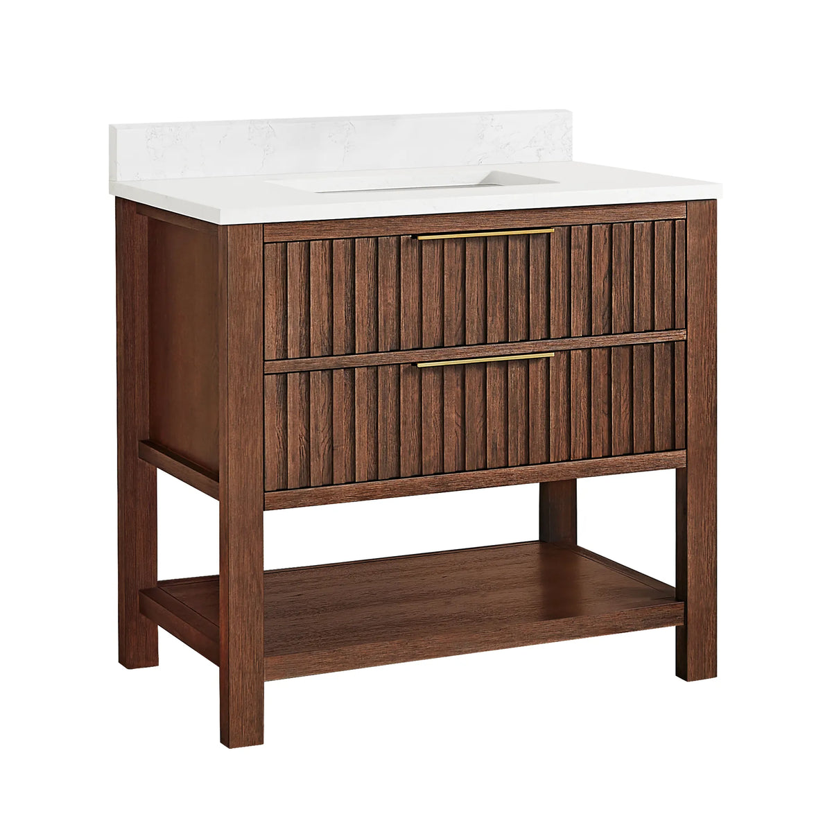 Studio view of an Aged Dark Brown Oak single bathroom vanity, 36-inch wide, with a white composite stone countertop