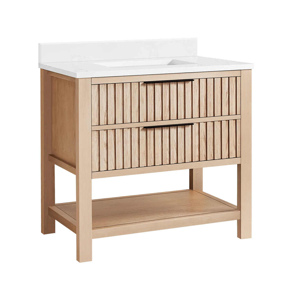 Plain white backdrop behind a 36-inch single bathroom vanity: Aged Natural Oak cabinet, white composite stone countertop