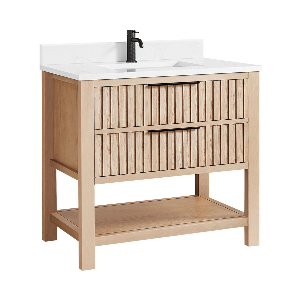 36-inch cabinet in Aged Natural Oak on white, a two-drawer front over an open shelf (faucet not included)